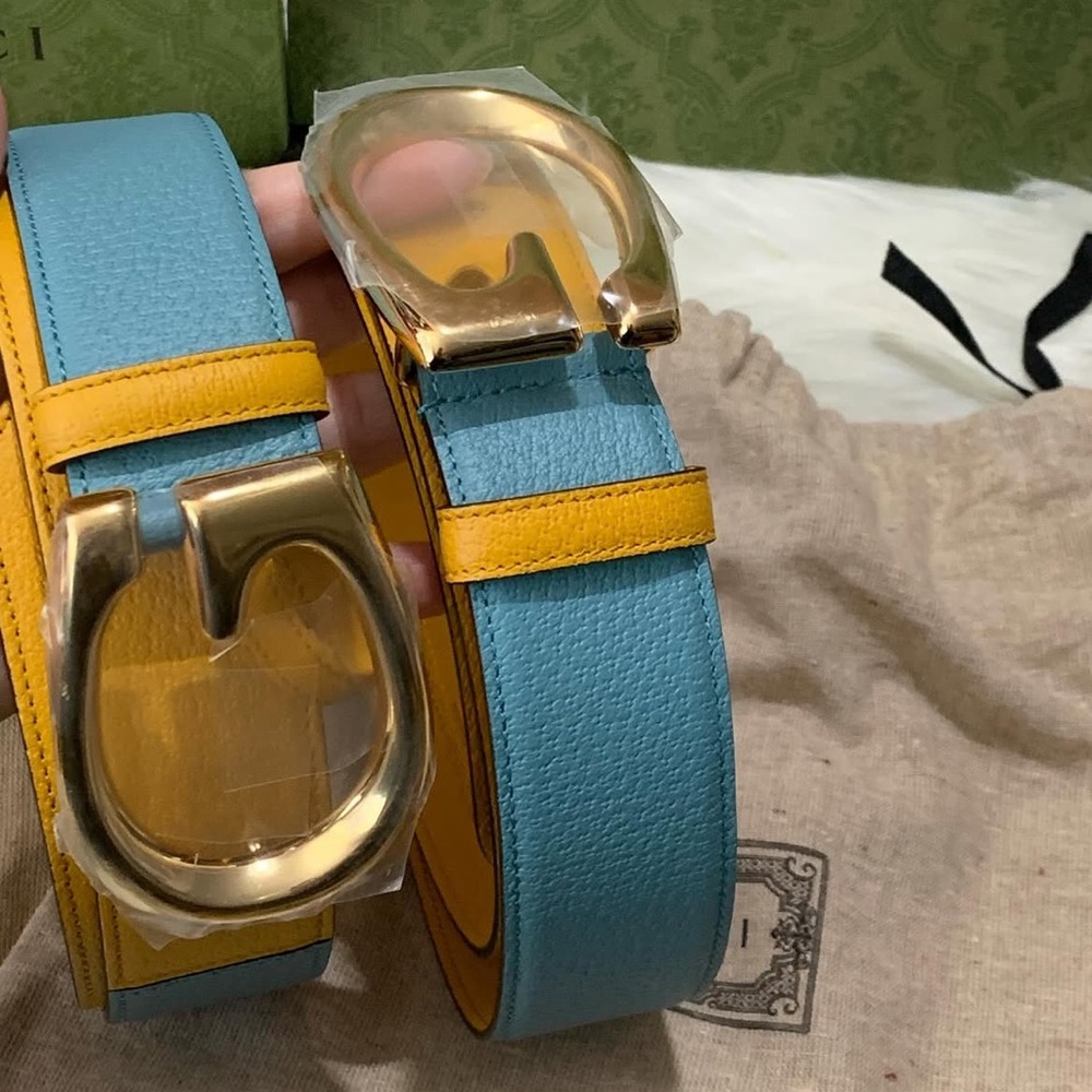 GUCCI Colorblock Leather Belt with Oversized Gold Buckle - UNISEX 💛💛